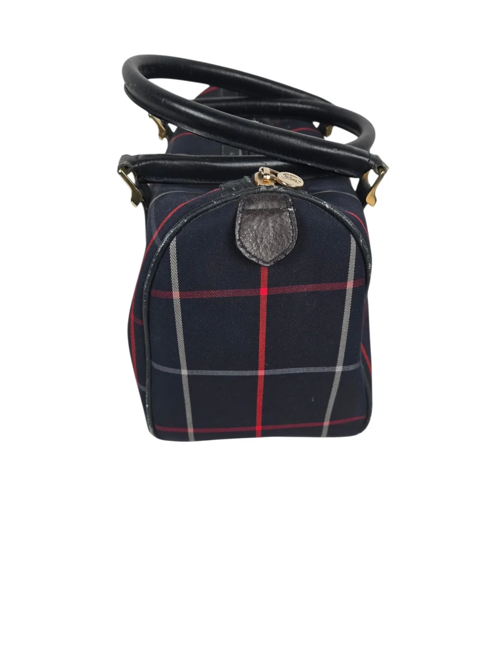 Burberrys Nova Check Toiletry Bag Vintage Leather Trim Navy Red Plaid